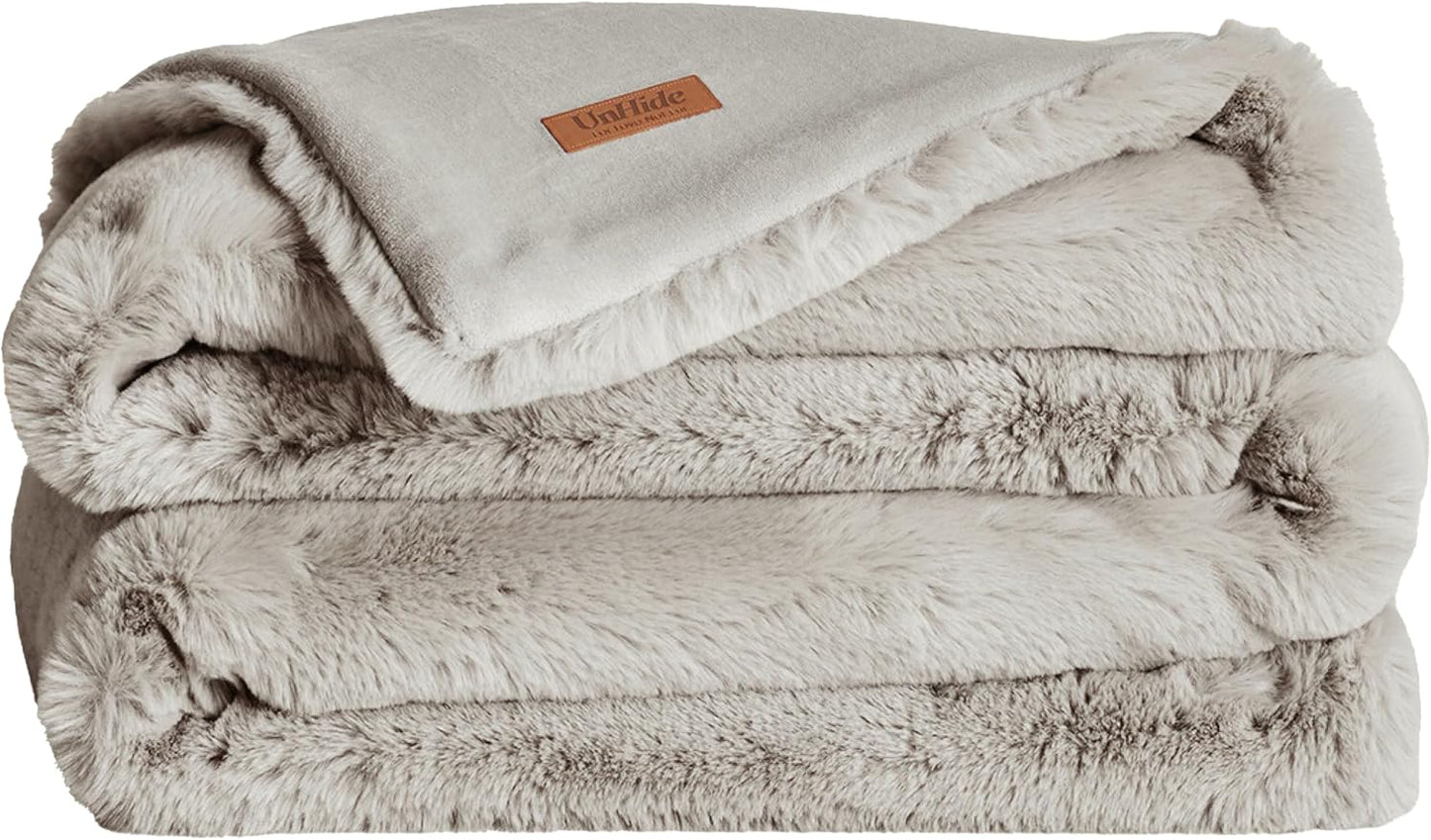 UnHide Marshmallow - Faux Fur Blanket - Heavy Weight, Extra Soft Blanket - Made from Recycled Materials - Machine Washable - Small (50" x 60") - Greige