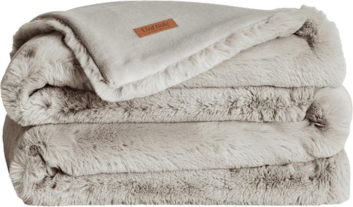 UnHide Marshmallow - Faux Fur Blanket - Heavy Weight, Extra Soft Blanket - Made from Recycled Materials - Machine Washable - Small (50" x 60") - Greige